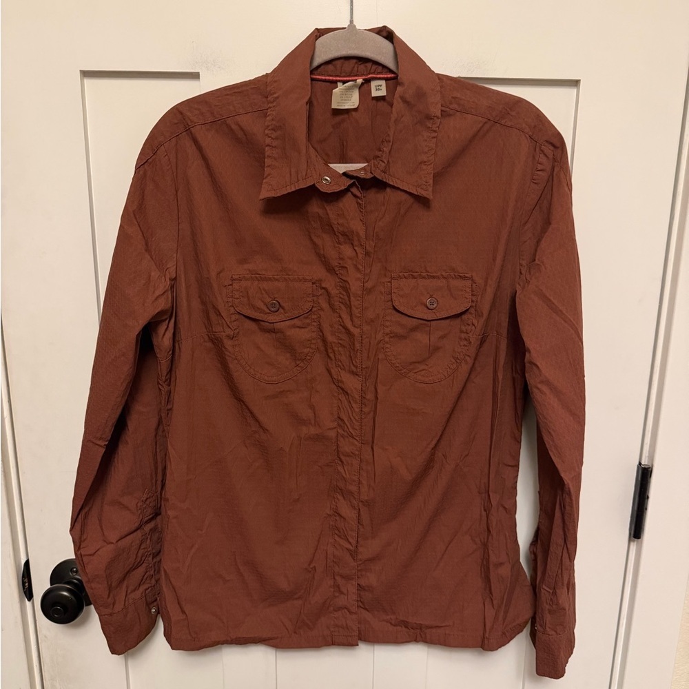 REI Long Sleeve Snap Front Hiking Shirt Size Large Burnt Orange Outdoor